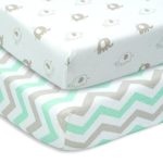 CUDDLY CUBS Set of 2 Jersey Cotton Fitted Crib Sheets in Gray and Mint with Chevron & Elephants – TOP QUALITY Nursery Bedding for Boy or Girl, Ideal Baby Shower Gift