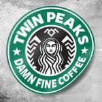 Twin Peaks, Starbucks Coffee 3×3 round stickers. Laura Palmer, wrapped in plastic, Damn Fine Coffee quote from Dale Cooper and Black Lodge symbol at top.