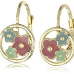 Little Miss Twin Stars Girls’ “Frosted Flowers” 14k Gold-Plated Leverback Accented with Cut Out Enamel Disc Drop Earrings