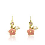 Little Miss Twin Stars Frosted Flowers 14k Gold-Plated Pink Enamel Flower Leverback Earring Accented With Fresh Water Pearl Dangle/