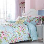 PINK BLUE ROSE FLORAL COTTON BLEND USA TWIN (COMFORTER COVER 135 X 200 – UK SINGLE) (PLAIN DUCK EGG BLUE FITTED SHEET – 91 X 191CM + 25 – UK SINGLE) REVERSIBLE 2 PIECE BEDDING SET