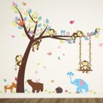 ElecMotive Cartoon Forest Animal Monkey Owls Hedgehog Tree Swing Nursery Wall Stickers Wall Murals DIY Posters Vinyl Removable Art Wall Decals for Kids Girls Room Decoration (Bear Elephant)