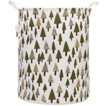 Sea Team 21.7″ Oversize Linen & Cotton Fabric Folding Nursery Laundry Hamper Bucket Cylindric Burlap Canvas Storage Basket with Waterproof PE Coating Lining (Tree)