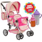 Exquisite Buggy, TWIN DOLL Stroller with Diaper Bag and Swivel Wheels-Soft Pink & Off-White Design With 2 FREE Magic Bottles