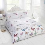 BRIGHT BUTTERFLIES LEAVES WHITE COTTON BLEND USA TWIN (COMFORTER COVER 135 X 200 – UK SINGLE) (PLAIN WHITE FITTED SHEET – 91 X 191CM + 25 – UK SINGLE) PLAIN WHITE HOUSEWIFE PILLOWCASES 5 PIECE BEDDING SET