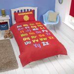ALPHABET NUMBERS SHAPES RED WHITE REVERSIBLE COTTON BLEND USA TWIN (COMFORTER COVER 135 X 200 – UK SINGLE) (PLAIN WHITE FITTED SHEET – 91 X 191CM + 25 – UK SINGLE) 3 PIECE BEDDING SET
