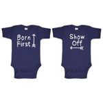 BORN FIRST – SHOW OFF! – twins siblings – TWO Infant Bodysuit COMBO, NB, Navy