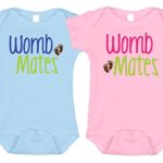 Twin Baby Onesie Set | Womb Mates (2 Onesies) | 1 Blue Lettering on Blue and 1 Pink Lettering on Pink Bodysuits | Size 0-3 Months | Baby Onesies for Twins by Bebe Bottle Sling