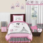 Sweet Jojo Designs 4-Piece Pink, Black and White Stripe Paris Childrens and Kids Girl Twin French Eiffel Tower Bedding Set Collection