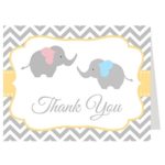 Elephant Thank You Cards, Twins, Chevron, Stripes, Baby Shower, Sprinkle, Little Peanut, Boy, Girl, Pink, Blue, Gray, Grey, 50 Printed Folding Notes with White Envelopes, Chevron Elephant Twin