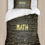 Mathematics Classroom Decor Duvet Cover Set by Ambesonne, Dark Blackboard Word Math Equations Geometry Axis, 2 Piece Bedding Set with 1 Pillow Sham, Twin / Twin XL Size, Dark Brown White Yellow