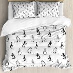 Kids 4 Piece Bedding Set Twin Size, Skiing Penguins on Snowboards Winter Sports Themed Pattern Fun Animal Bird with Scarf, Duvet Cover Set Quilt Bedspread for Childrens/Kids/Teens/Adults, Black White