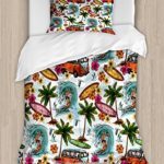Ambesonne Ocean Duvet Cover Set Twin Size, Hawaiian Surfer on Wavy Deep Sea Retro Style Palm Trees Flowers Surf Boards Print, Decorative 2 Piece Bedding Set with 1 Pillow Sham, Multicolor