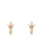 Little Miss Twin Stars Girls'”Rocking Royalty” 14k Gold-Plated Pink Enamel Crown Baby Huggy Hoop Earrings