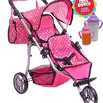 Exquisite Buggy, Twin Doll Stroller with Diaper Bag and Pink & Polka Dots Design with 2 Free Magic Bottles