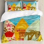 Tiki Bar Decor 4 Piece Bedding Set Twin Size, Hawaiian Beach Surfboards on Sand Exotic Summer Vacation Sport Vintage Style, Duvet Cover Set Quilt Bedspread for Childrens/Kids/Teens/Adults, Multicolor