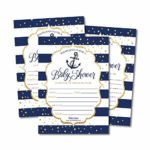 25 Nautical Baby Shower Invitations, Sprinkle Invite for Boy or Girl, Gender Neutral Reveal Navy Gold Anchor Theme, Cute Printed Fill or Write in Blank Printable Card, Coed Twin Party Paper Supplies