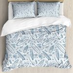 4 Piece Twin Size Duvet Cover Set,Surfboard Doodle Surfing Boards Waves Starfishes Hawaiian Summer,Bedding Set Luxury Bedspread（Flat Sheet Quilt and 2 Pillow Cases for Kids/Adults/Teens/Childrens