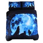 Wowelife 3D Galaxy Wolf Bedding Kids Wolf Bed Set Twin Blue Moonlight 4-Pieces with 1 Duvet Cover,1 Flat Sheet and 2 Pillow Cases (Comforter and Fitted Sheet Not Included)(Queen)