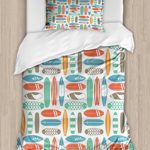 Ambesonne Surfboard Duvet Cover Set Twin Size, Colorful Surfing Sea Pattern with Summer Travel Illustration in Retro Colors, Decorative 2 Piece Bedding Set with 1 Pillow Sham, Multicolor