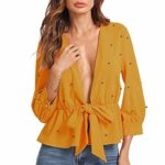 AgrinTol Women T Shirt, Spring Ladies Solid V-Neck Three Quarter Beading Bow Bandage Casual Top T-Shirt Yellow