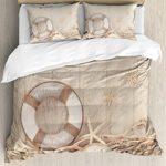 Girls Boys Child Queen Bedding Sets, Coastal Duvet Cover Set, Welcome On Board Life Buoy Wooden Sepia Fishnet Holiday Maritime Theme Print, Cosy House Collection 4 Piece Bedding Sets