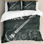 Twin Size Guitar 3 PCS Duvet Cover Set, Love The Rock Music Themed Sketch Art Sound Box and Text on Chalkboard, Bedding Set Bedspread for Children/Teens/Adults/Kids, Charcoal Grey White
