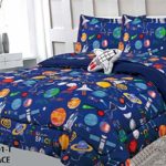 3pc Twin Size Kids Boys Teens Comforter Set w/Sham & Decorative Toy Pillow, Space Planets Rockets Blue Print Blue Multicolor Boys Kids Comforter Bedding Set, Twin Comforter 3pc Space