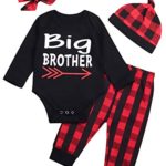 Newborn Infant Baby Boy Girl Clothes Long Sleeve Romper Top,Plaid Pants+ Cute Hat 4Pcs Clothes Outfits Set (L-Black, 0-3 Months)