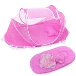 KooJoee Foldable Baby Travel Pop-up Bed Crib, Portable Infant Mosquito Net Tent Cots with Mattress Pillow for 0-24 Months – Pink