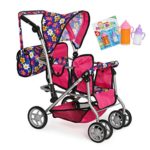 My First Twin Doll Stroller – Double Umbrella Stroller – Baby Doll Accessories – Pink Foldable Doll Pram With Diaper Bag, 2 Magic Doll Feeding Bottles- Fits Up to 18 inch Twin Baby Dolls