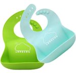 LOPE & NG Soft Silicone Feeding Bib Set Of 2 – Waterproof Adjustable Snaps Baby Bibs For Infants And Toddlers With Food Catcher Pocket (Light Green / Light Blue)