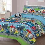 3pc Twin Size Kids Boys Teens Comforter Set w/Sham & Decorative Toy Pillow, Cars Trucks Police Plane Print Blue Green Boys Kids Comforter Bedding Set, Twin Comforter 3pc Cars