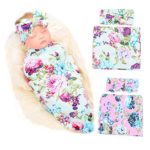 Galabloomer Newborn Receiving Blanket Headband Set Flower Print Baby Swaddle Receiving Blankets (Blue Pink Rose Pack Two)