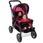 Mommy & Me Twin Doll Stroller Foldable Double Back to Back Doll Pram with Basket, Adjustable Handle, and Free Carriage Bag Hot Pink & Black – 9386