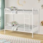 Easy Assembly Twin Over Twin Metal Bunk Bed, Save Space Heavy Duty Twin Bed Frame with Movable Ladder and Safety Guard Rails for Kids/Teens/Children/Adults Supports 400lbs (White)