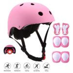 Adjustable Kids Skateboard Helmet,Bike Helmet Knee Elbow Pads Wrist Pads 7 in 1 Protective Sports Gear Set Suitable for Ages 3-8 Years Roller Skating Scooter Cycling Toddler Boys Girls (Pink)