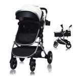 Cchainway 2 in 1 Foldable Baby Stroller, Reversible Pram Strollers with Adjustable Canopy, 5 Point Safety Harness, Adjustable Canopy & Backrest, Double Anti-Shock, 3D Suspension Frame & Wheels(White)