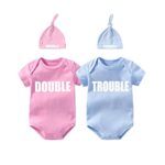 YSCULBUTOL Twins Bodysuits Funny Double Trouble Pack of 2 Twins Set with hat (Pink Blue 0-3M)