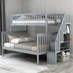 Twin Over Full Bunk Bed Frame,Mission Style Wood Twin Over Full Size Bed Frame with Stairs and Storage, Grey