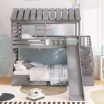 Merax Twin Over Twin House Bunk Bed, Wooden Bed Frame with Trundle and Slide , Storage Staircase, Roof and Window Design, Gray