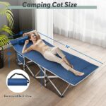 Slendor Folding Camping Cot with Mattress for Adults, 74” L x 28” W x 15” H, Camp Cot w/Pillow, Storage Bag, Sleeping Cot Bed for Tent, Office, Outdoor, Blue Cot, Blue Pad, 500lbs Load Support