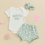 Muasaaluxi Newborn Baby Girl Clothes Daddys Girl Short Sleeve Romper Daisy Ruffle Shorts Headband 3Pcs Summer Outfit 0-18M (Green, 3-6 Months)