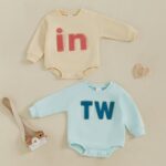 GOOCHEER Newborn Twins Matching Outfits Baby Girl Boy Twin Bubble Romper Bodysuit Oversized Sweatshirt Fall Winter Clothes (Beige, 3-6 Months)