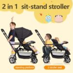 Double Stroller,Sit-Stand Lightweight Travel Folding Stroller for Toddler with Standing Platform,5-Point Harness,Canopy,Kids Tray,Storage