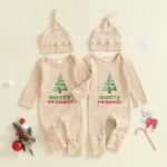 YOKJZJD Newborn Baby Girl Boy Twins Christmas Matching Outfits Knitted Romper Mitten Cuffs Jumpsuit with Hat Fall Clothes (Apricot, 0-3 Months)
