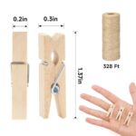 jijAcraft 100Pcs Clothespins with String, 1.4Inch Wooden Clothes Pins with 328Ft Jute Twine, Mini Baby Shower Photo Clips, Natural Brown Clips for Hanging Photo, Clothes, DIY Crafts, Wrap Bags