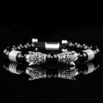 AIDUOMIRZER Men’s stainless steel bracelets for Women Adjustable Tiger’s Eye Bracelet Mens Luxury Jewelry Crown Bracelets (Black Agate Twin Leopard Heads-Silvery)