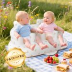 EKEPE Baby Inflatable Seat for Twins Babies 3 Month and Up, Side-by-Side Double Inflatable Floor Chair for Sitting Up with Built in Air Pump, Blow Up Baby Chair for Infants – Twins Bear