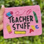 TWINE AND LOVE Large Teacher Beaded Pouch Purse, Teacher Appreciation Pouch with Zipper for Pencils, Stationery, Toiletries, Makeup Bags, Travel Cosmetic Pouch for Women, Pink